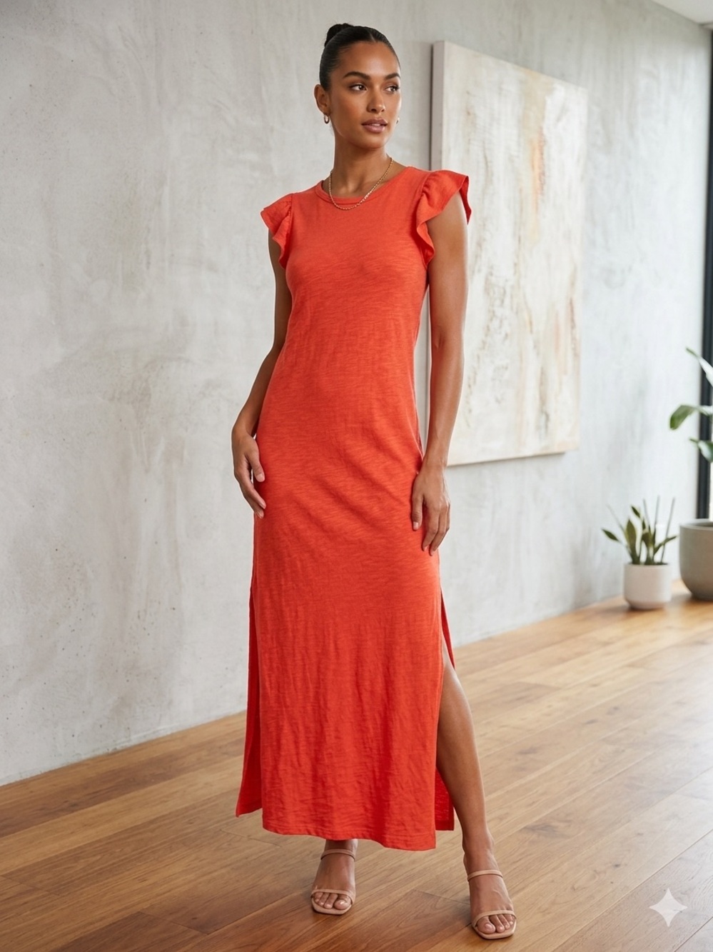 Z Supply Coral Orange Ruffle Sleeve Maxi Dress with Slit